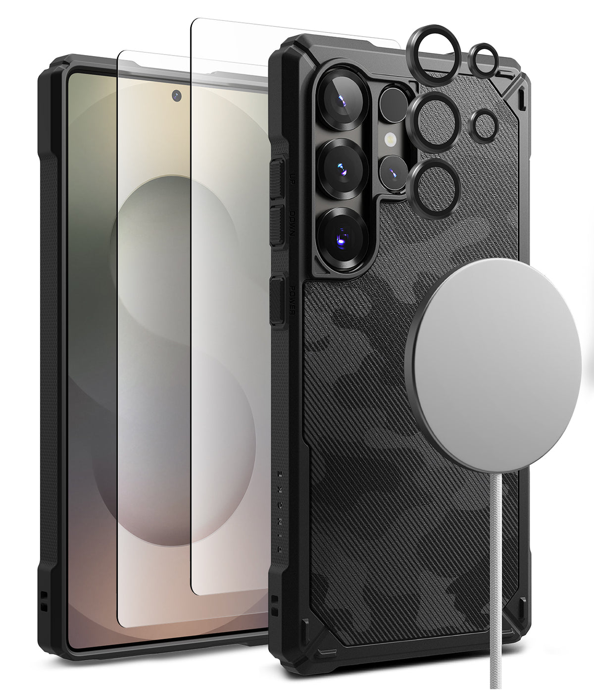 [Bundle] Galaxy S25 Ultra | Rugged Gear Magnetic - Black camo phone case, screen protector, lens rings, and magnetic charger.