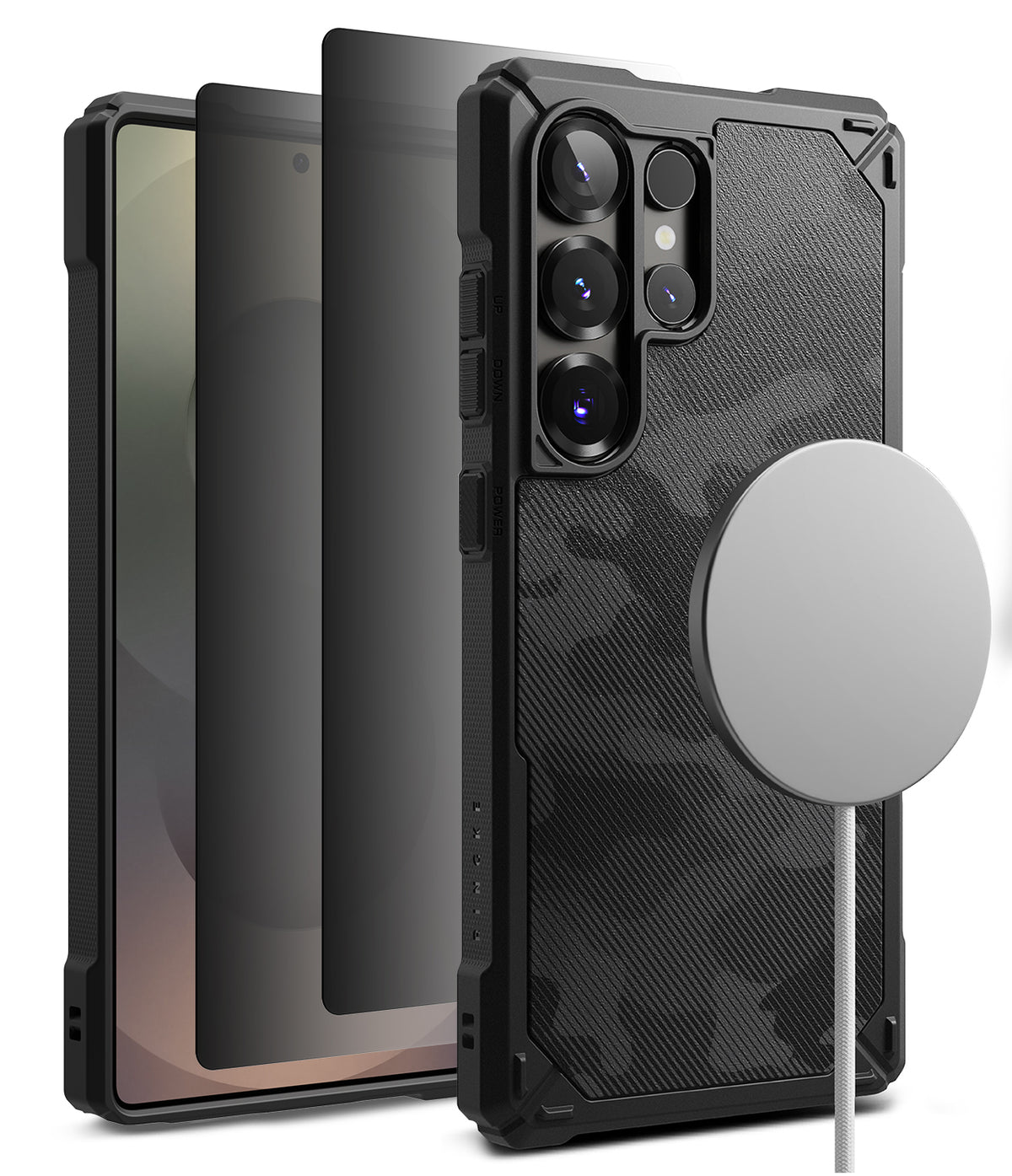 [Bundle] Galaxy S25 Ultra | Rugged Gear Magnetic - Galaxy S25 Ultra | Rugged Gear Magnetic - Black camo phone case with magnetic charger attached to the back.