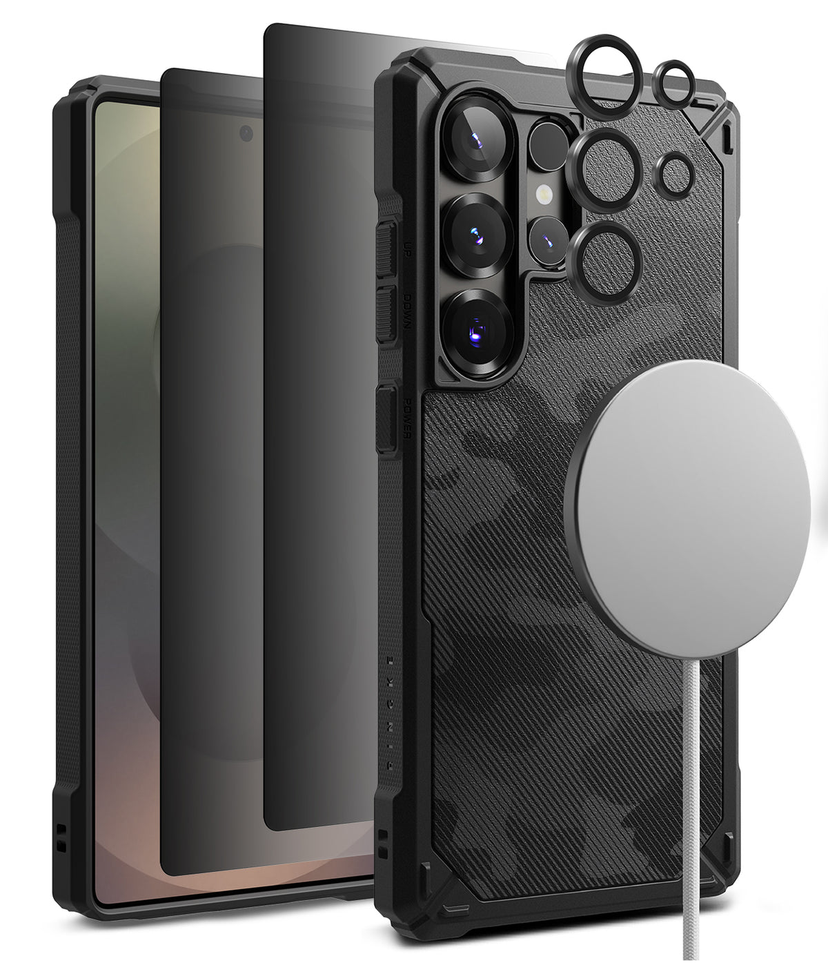 [Bundle] Galaxy S25 Ultra | Rugged Gear Magnetic - Black camo phone case with magnetic charger, screen protector, and lens rings.