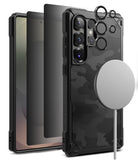 [Bundle] Galaxy S25 Ultra | Rugged Gear Magnetic - Black camo phone case with magnetic charger, screen protector, and lens rings.