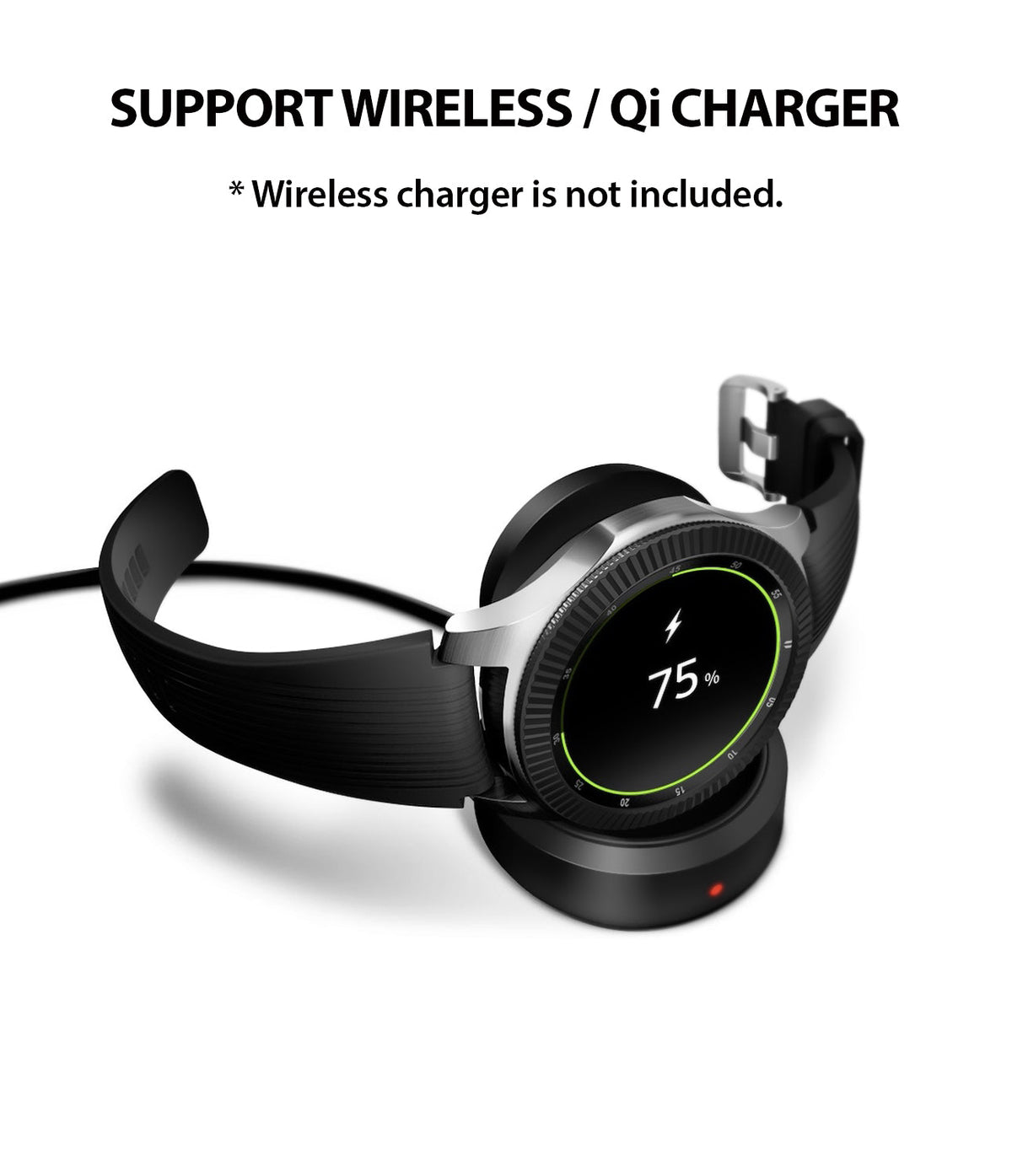 Galaxy Watch 46mm | Bezel Styling - A Galaxy Watch charging on a wireless dock, displaying a 75% battery icon on its screen.