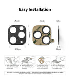 iPhone 11 Pro / Pro Max | Camera Styling - Diagrams showing front, back, and side views with dimensions and four installation steps.