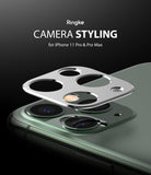iPhone 11 Pro / Pro Max | Camera Styling - Silver metal camera lens cover hovering above an iPhone 11 Pro camera array.