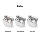 Ringke Airpods Pro Dust Guard Sticker - Three open AirPods Pro cases with rose gold, space gray, and silver dust guards.