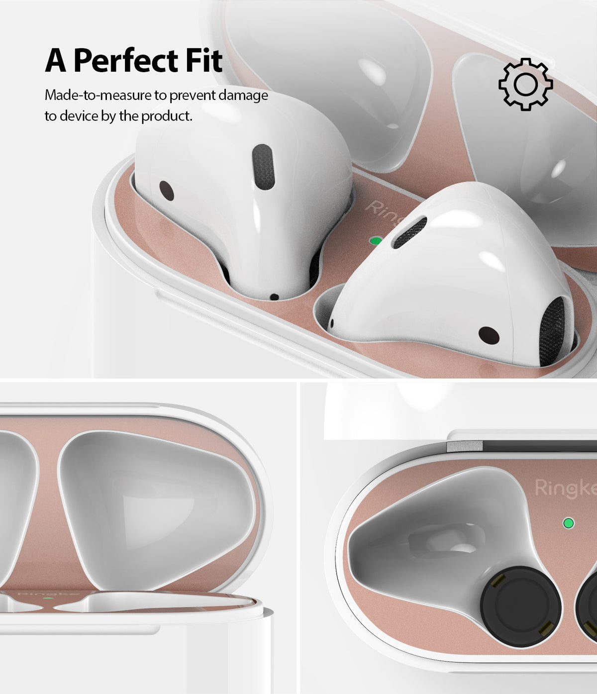 Ringke Airpods 2 / 1 Dust Guard Sticker - Rose gold metallic dust guard sticker applied to an open white AirPods case.