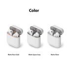 Ringke Airpods 2 / 1 Dust Guard Sticker - Three open AirPods cases with rose gold, space gray, and silver dust guards.