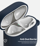 Ringke Airpods 2 / 1 Dust Guard Sticker - Open navy AirPods case showing a metallic dust guard sticker trapping debris.