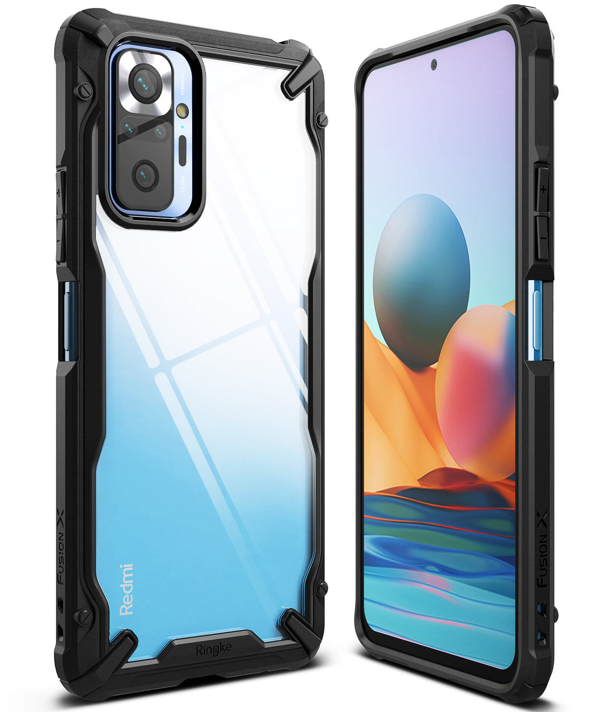 Redmi Note 10 Pro / 10 Pro Max Case | Fusion-X - Black rugged protective case with clear back on a Redmi smartphone.