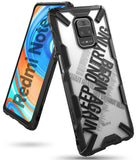 Redmi Note 9 Pro / 9 Pro Max Case | Fusion-X Design 02. Cross - Rugged black phone case with text design on clear back.