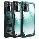 Redmi Note 10 / 10s Case | Fusion-X - Three protective phone cases in camo, clear black, and clear teal designs.
