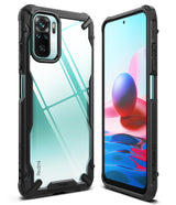Redmi Note 10 / 10s Case | Fusion-X - Black rugged protective case with clear back shown from front and rear angles.