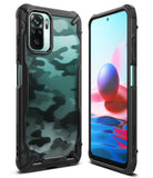 Redmi Note 10 / 10s Case | Fusion-X - Rugged black phone case with a teal camo back, shown from front and back angles.