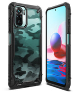 Redmi Note 10 / 10s Case | Fusion-X - Rugged black phone case with a teal camo back, shown from front and back angles.
