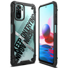 Redmi Note 10 / 10s Case | Fusion-X Design - Rugged black phone case with clear back featuring bold typography on a Redmi smartphone.