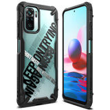Redmi Note 10 / 10s Case | Fusion-X Design - Rugged black phone case with clear back featuring bold typography on a Redmi smartphone.