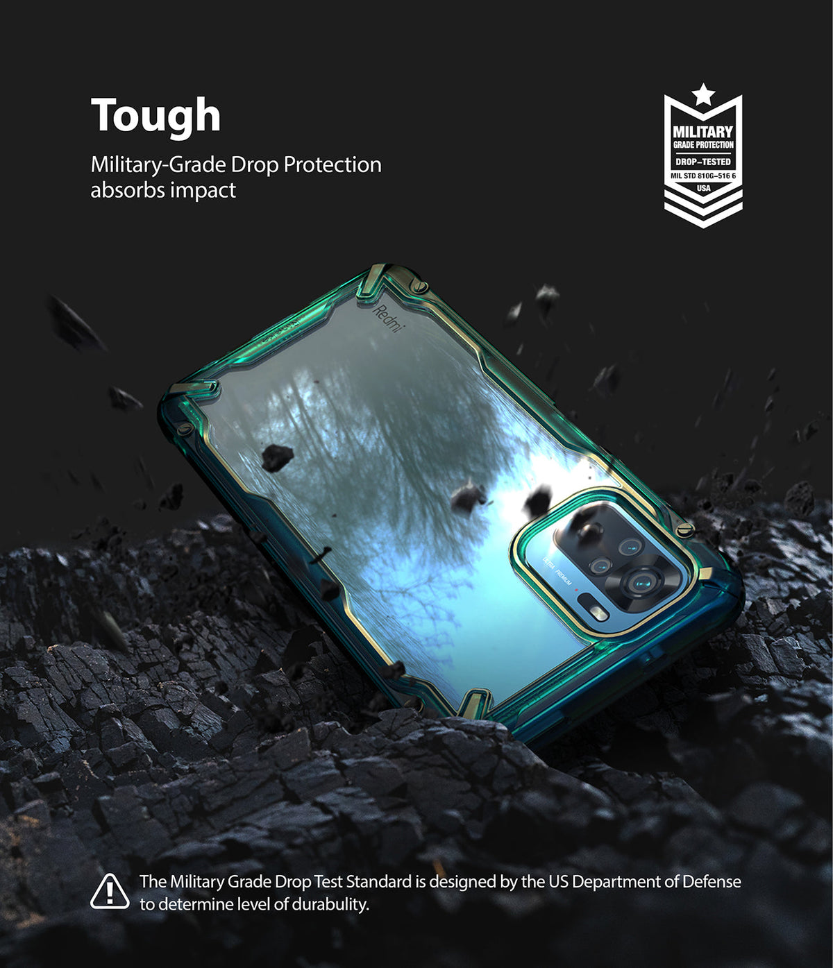 Redmi Note 10 / 10s Case | Fusion-X - A rugged teal phone case on dark, rocky ground with military-grade protection branding.