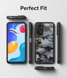 Xiaomi Redmi Note 11 / 11S Case | Fusion - Multiple views of a phone with a black camouflage case and perfect fit text.