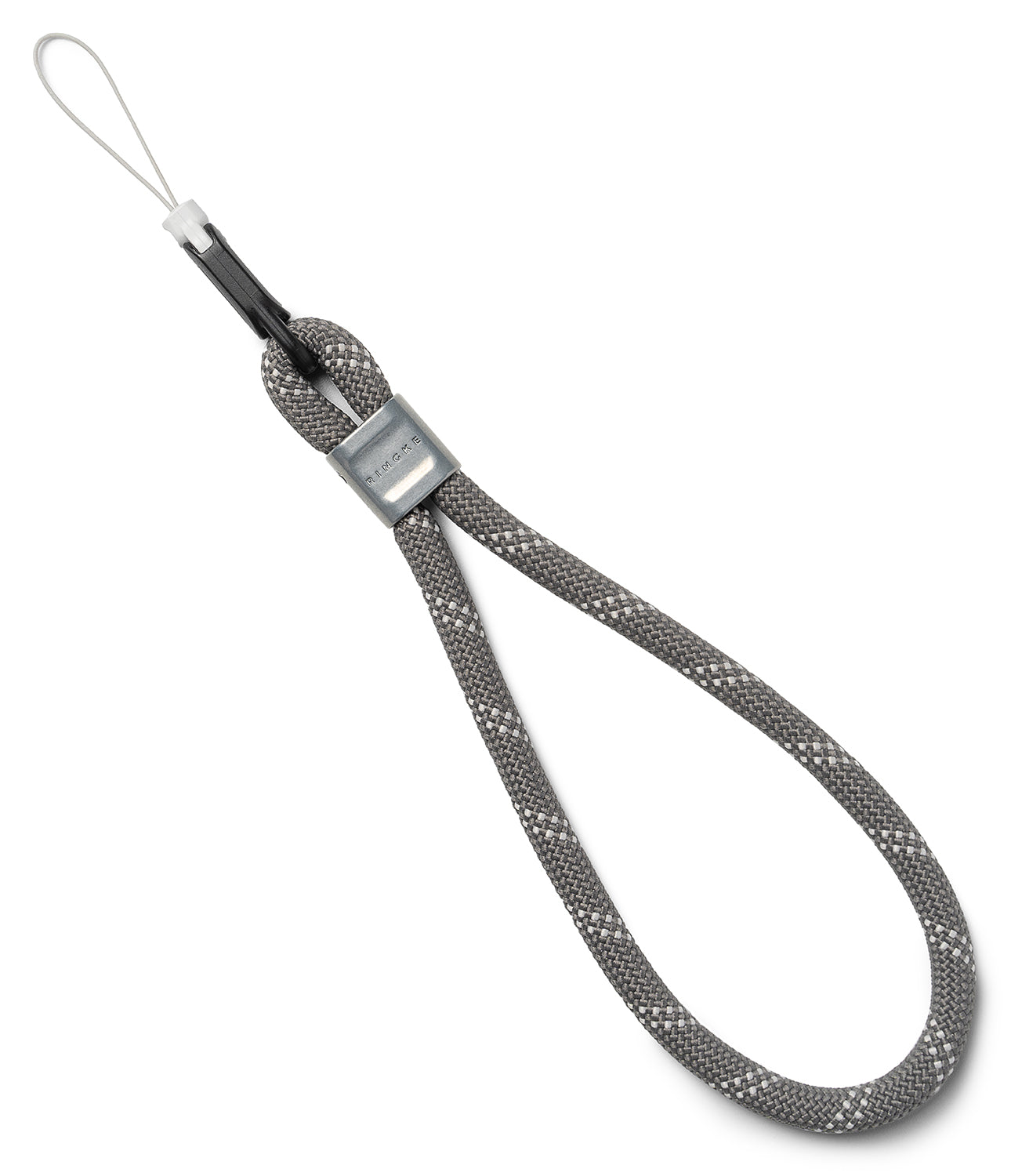 Rope Hand Strap - Gray braided rope wrist strap with a metal Ringke branded clasp and a thin black attachment loop.