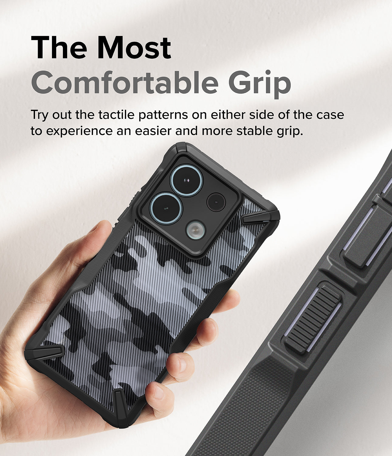 Xiaomi Redmi Note 13 Pro / Poco X6 Case | Fusion-X - Hand holding a camo-patterned phone case with textured side grips.