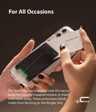 Card Holder | Slot [3 Cards] - A hand slides a card into a black adhesive card holder attached to a clear phone case.