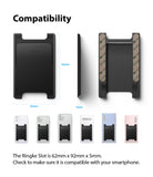 Card Holder | Slot [3 Cards] - Technical diagram showing dimensions of a black adhesive card holder and its phone compatibility.