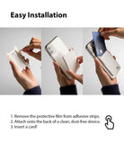 Card Holder | Slot [3 Cards] - Three-step guide showing adhesive removal, attachment to phone case, and card insertion.