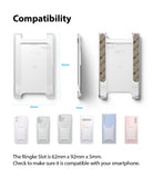 Card Holder | Slot [3 Cards] - Dimensions and compatibility diagram showing a clear adhesive card holder on various phones.