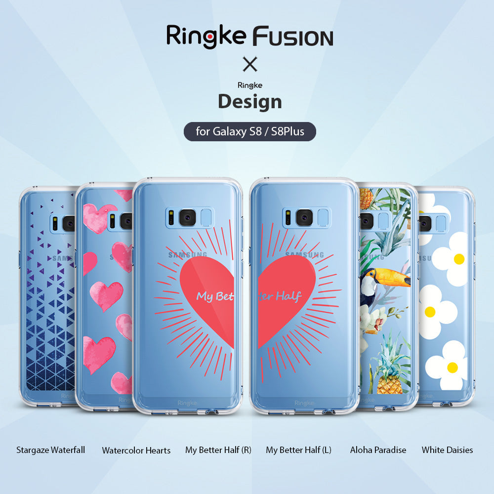 Galaxy S8 Plus Case | Fusion Deco - Six clear phone cases with various printed designs including hearts, toucans, and flowers.