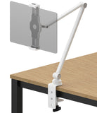 Ringke Clamp Holder - White adjustable desk arm holding a tablet with a secure clamp mount on a wooden table.