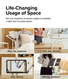 Ringke Stand Floor Holder - Four panels showing a tablet stand used in a bedroom, kitchen, for filming, and during workouts.