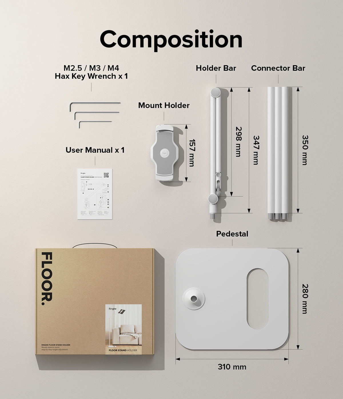 Ringke Stand Floor Holder - Exploded view of stand components, including hex keys, mount, bars, pedestal, and packaging box.