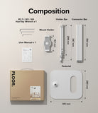 Ringke Stand Floor Holder - Exploded view of stand components, including hex keys, mount, bars, pedestal, and packaging box.