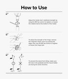 Ringke Stand Floor Holder - Three-step instructional diagram for adjusting hinge tension and aligning the stand base and holder.