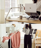Ringke Stand Floor Holder - Adjustable white floor stand holding a tablet for desk work, clothing display, and exercise.