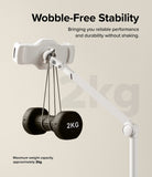 Ringke Stand Floor Holder - White adjustable stand holding a 2kg dumbbell to demonstrate stability and weight capacity.