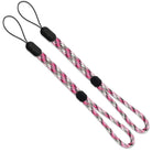 Paracord Lanyard Wrist Strap [2 Pack] - Two pink, white, and grey patterned paracord wrist straps with black connectors.