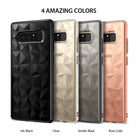 Galaxy Note 8 Case | Air Prism - Four Galaxy Note 8 phones in Ink Black, Clear, Smoke Black, and Rose Gold with geometric prism patterns.