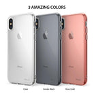 iPhone X Case | Air - Three iPhone X phones in clear, smoke black, and rose gold Ringke Air cases against a white background.