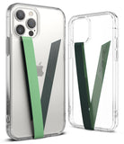 Ringke Strap Band - Two clear phone cases featuring V-shaped green and dark green fabric finger straps attached to the back.