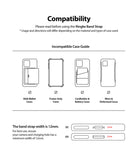 Ringke Strap Band - Infographic showing incompatible phone cases and a 12mm minimum width requirement for charging ports.