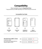 Ringke Strap Band - Compatibility guide showing incompatible phone case types and a 12mm minimum strap width requirement.