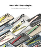 Ringke Strap Band - Multiple smartphones with various colorful, reversible fabric hand straps attached to clear cases.