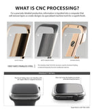 Apple Watch Series 3 / 2 / 1 (38mm) | Premium Bezel Styling O - Infographic showing CNC manufacturing of stainless steel watch bezels with glossy, matte, and detailed finishes.