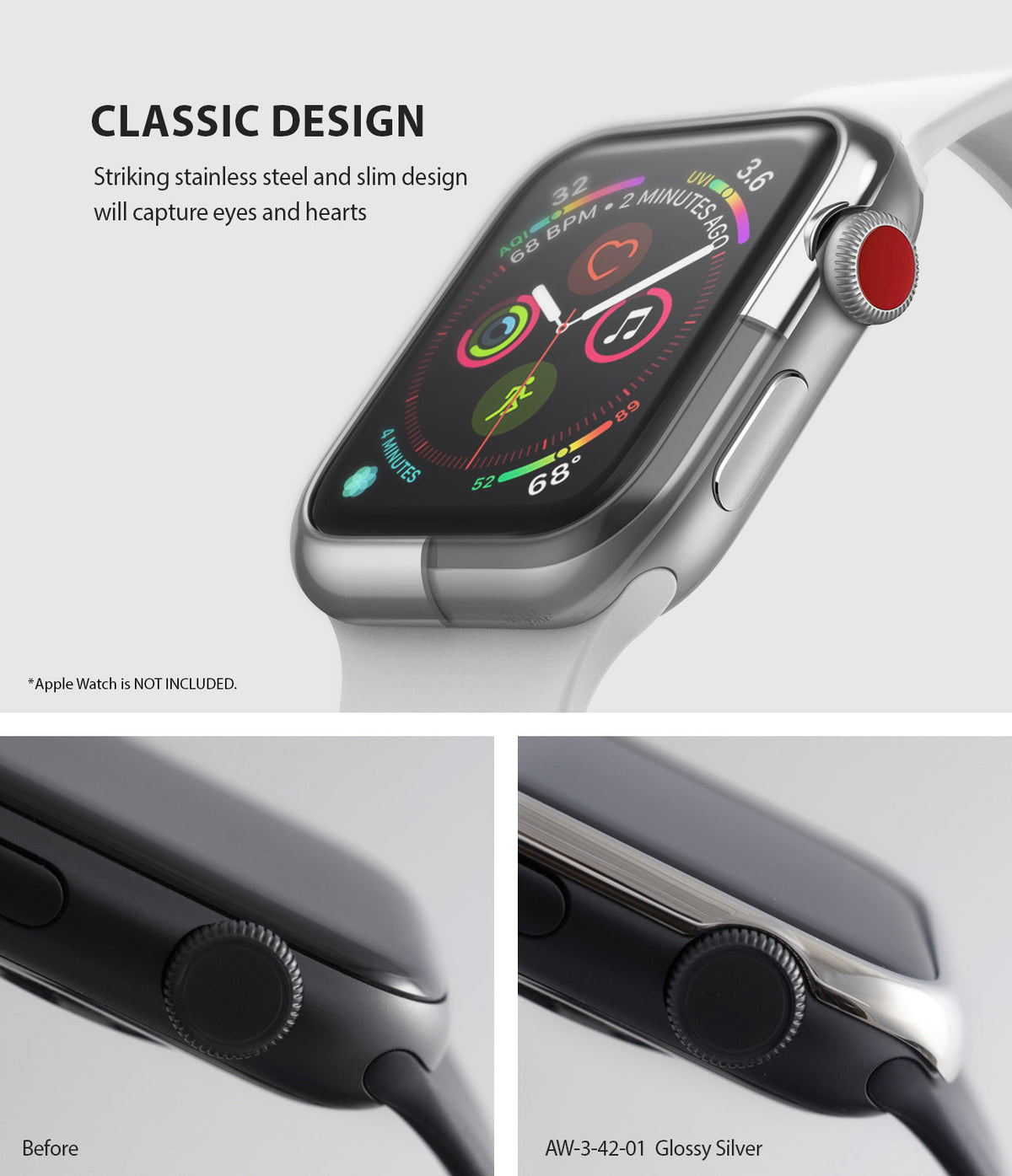 Apple Watch 3 / 2 / 1 (42mm) | Bezel Styling - Glossy silver bezel styling accessory on an Apple Watch with before/after comparison.