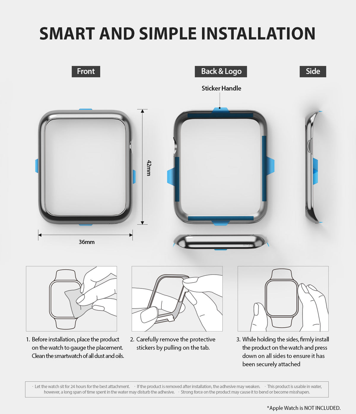 Apple Watch 3 / 2 / 1 (42mm) | Bezel Styling - Installation guide showing bezel dimensions and three-step application.