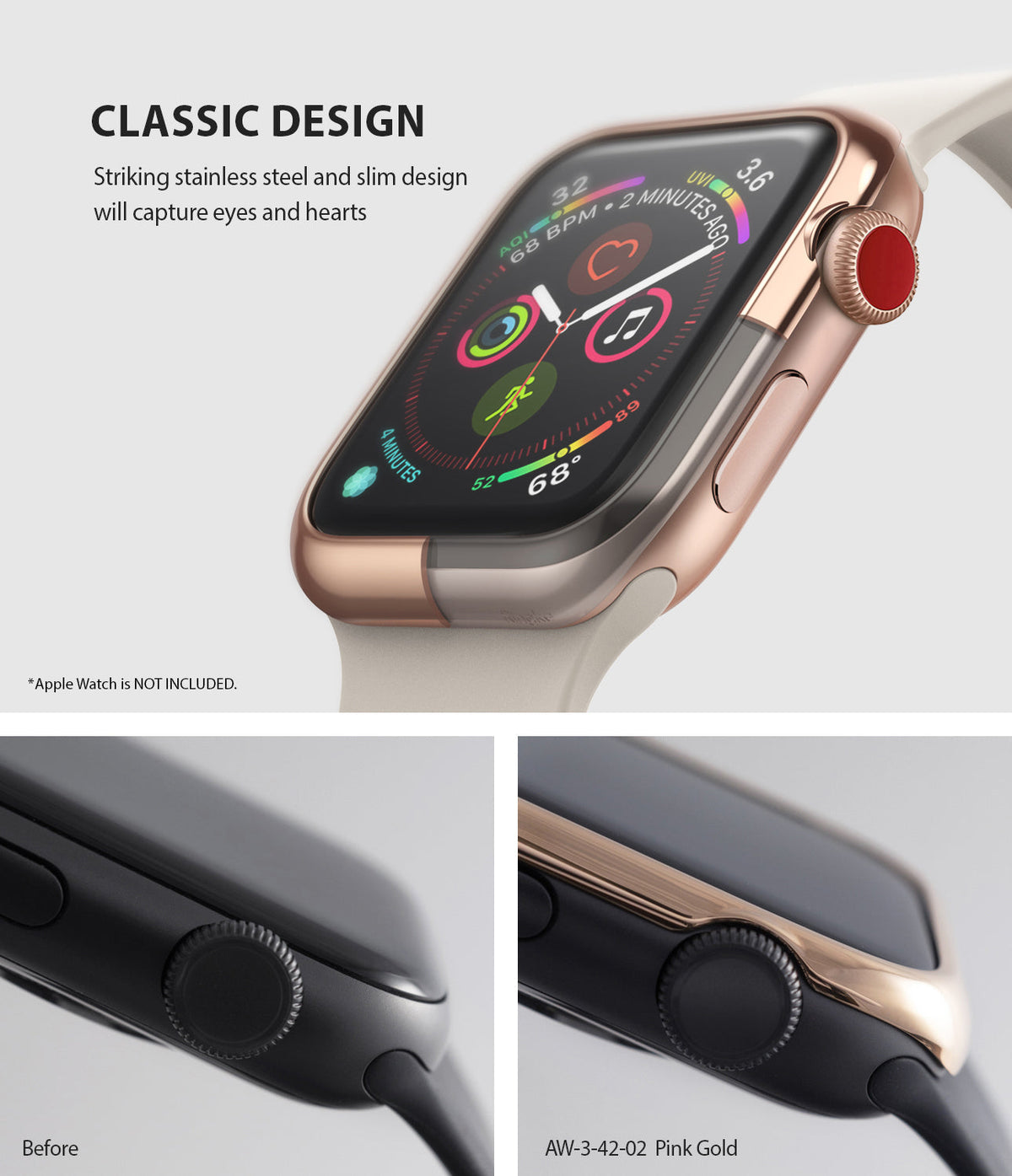 Apple Watch 3 / 2 / 1 (42mm) | Bezel Styling - Pink gold stainless steel bezel styling accessory on an Apple Watch.