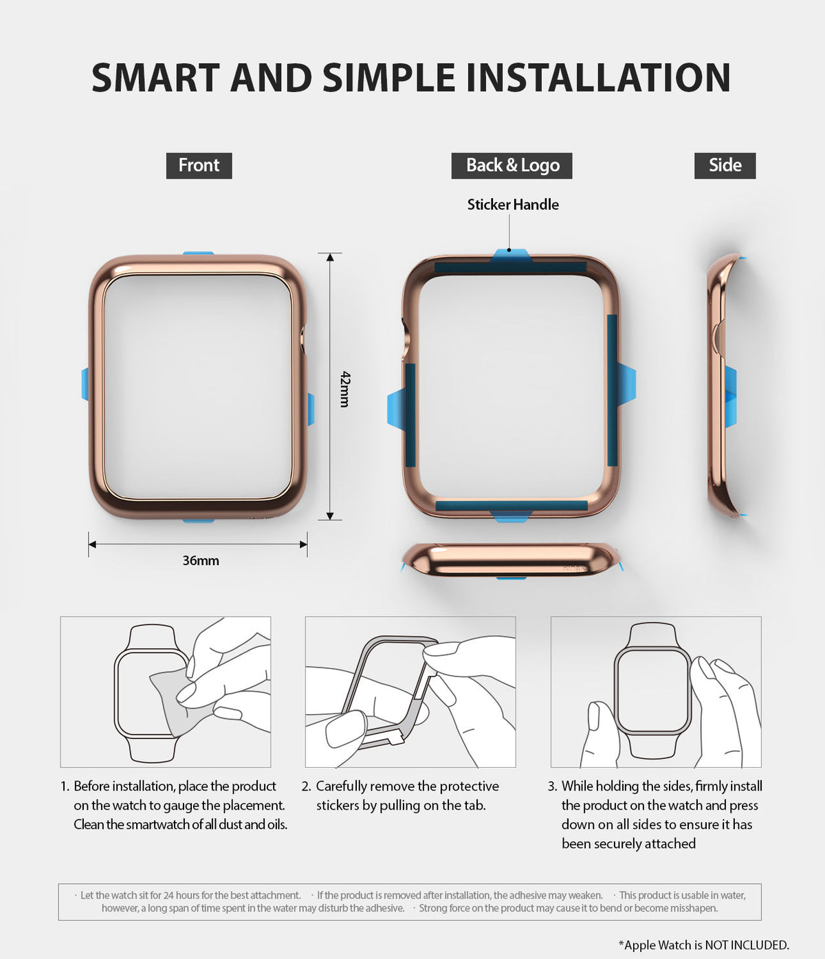 Apple Watch 3 / 2 / 1 (42mm) | Bezel Styling - Installation guide showing rose gold bezel dimensions and steps.