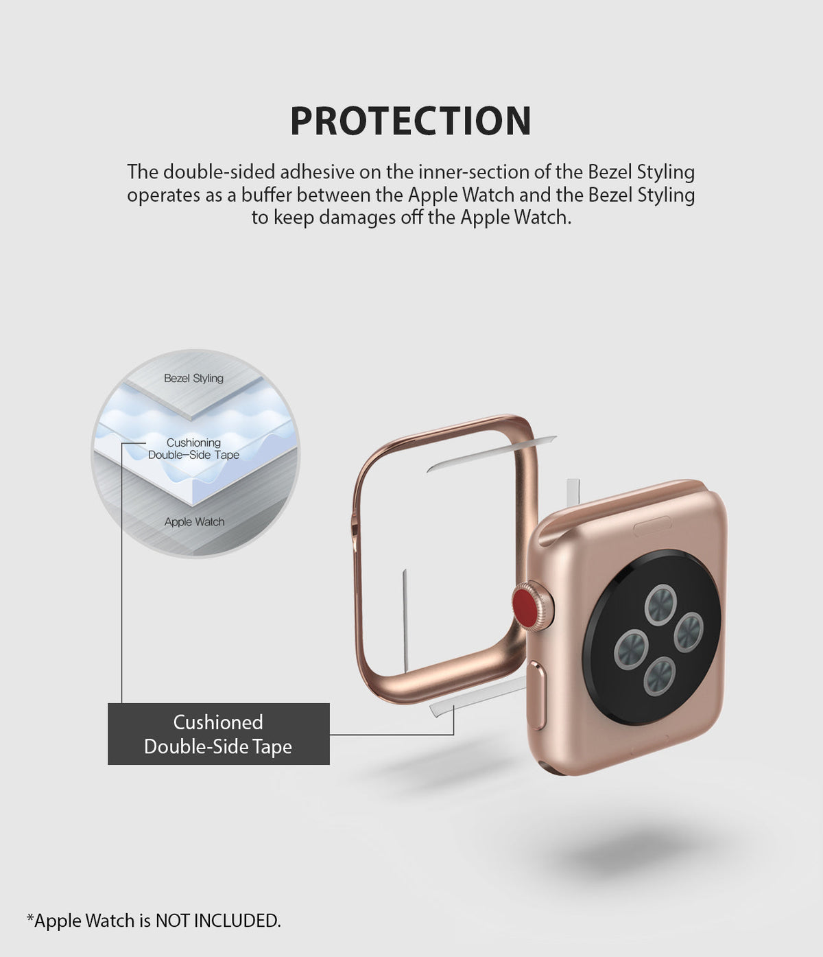 Apple Watch 3 / 2 / 1 (42mm) | Bezel Styling - Diagram showing adhesive tape between a rose gold bezel and Apple Watch.