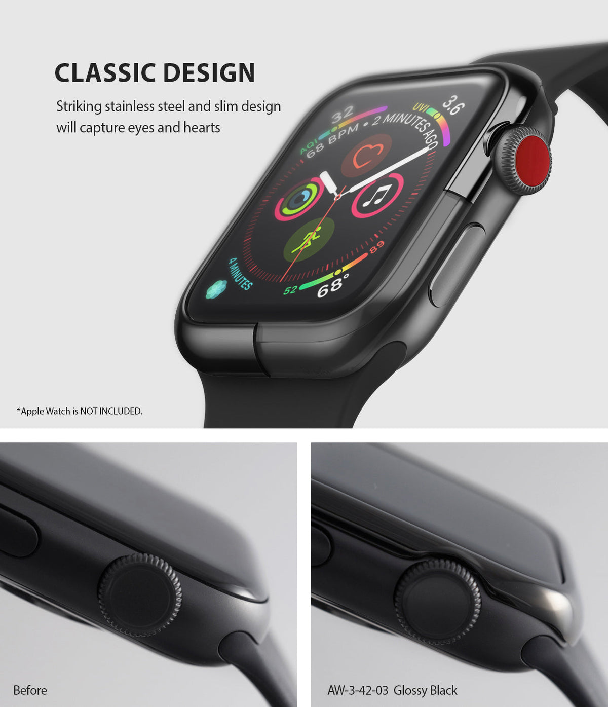 Apple Watch 3 / 2 / 1 (42mm) | Bezel Styling - Glossy black stainless steel bezel accessory on an Apple Watch.