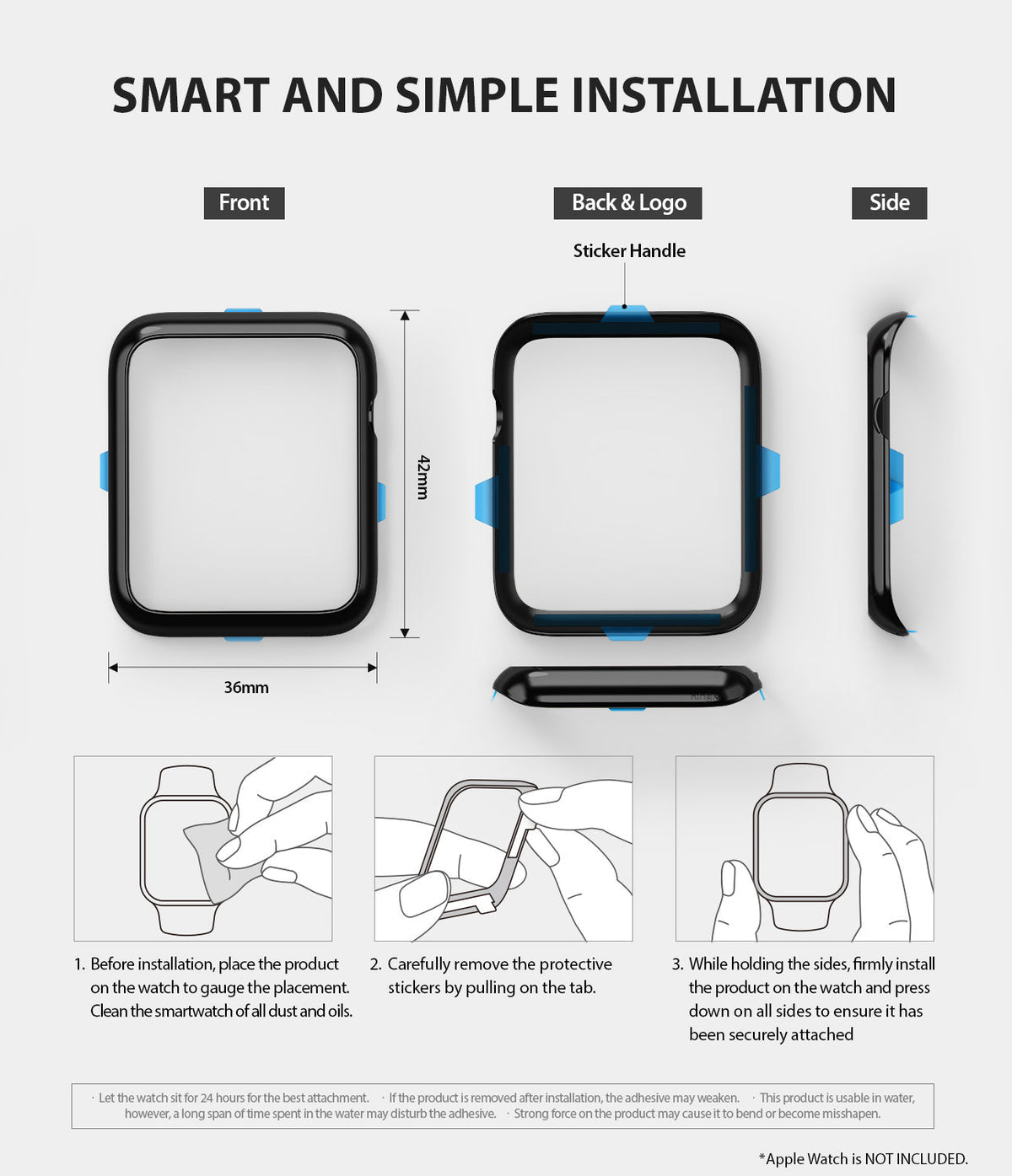 Apple Watch 3 / 2 / 1 (42mm) | Bezel Styling - Diagram showing dimensions, installation steps, and adhesive tabs.